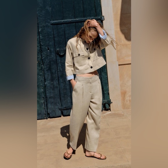 Zara Pants - Zara Women XS Linen Blend Straight Trouser Beige HighWaist Classic